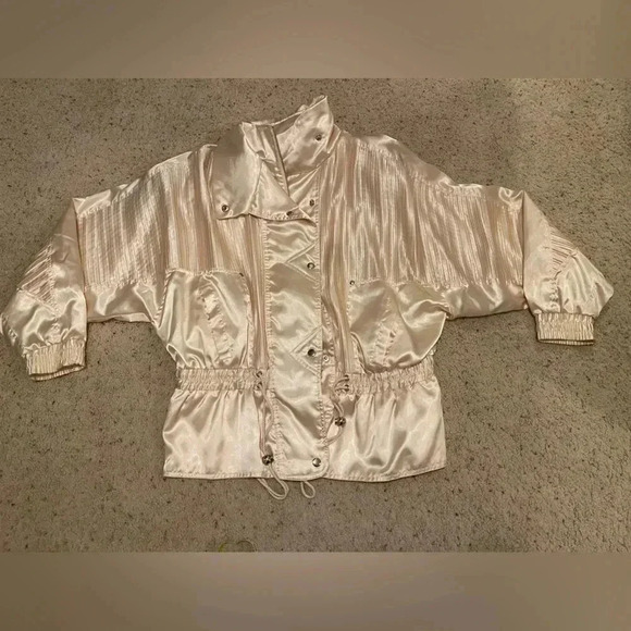 Lavon by Cheerful Corp Satin Cream 80s Bomber Jacket - Picture 2 of 14